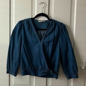 Madewell Chambray Blue Denim Wrap Blouse Top Three Quarter Sleeve